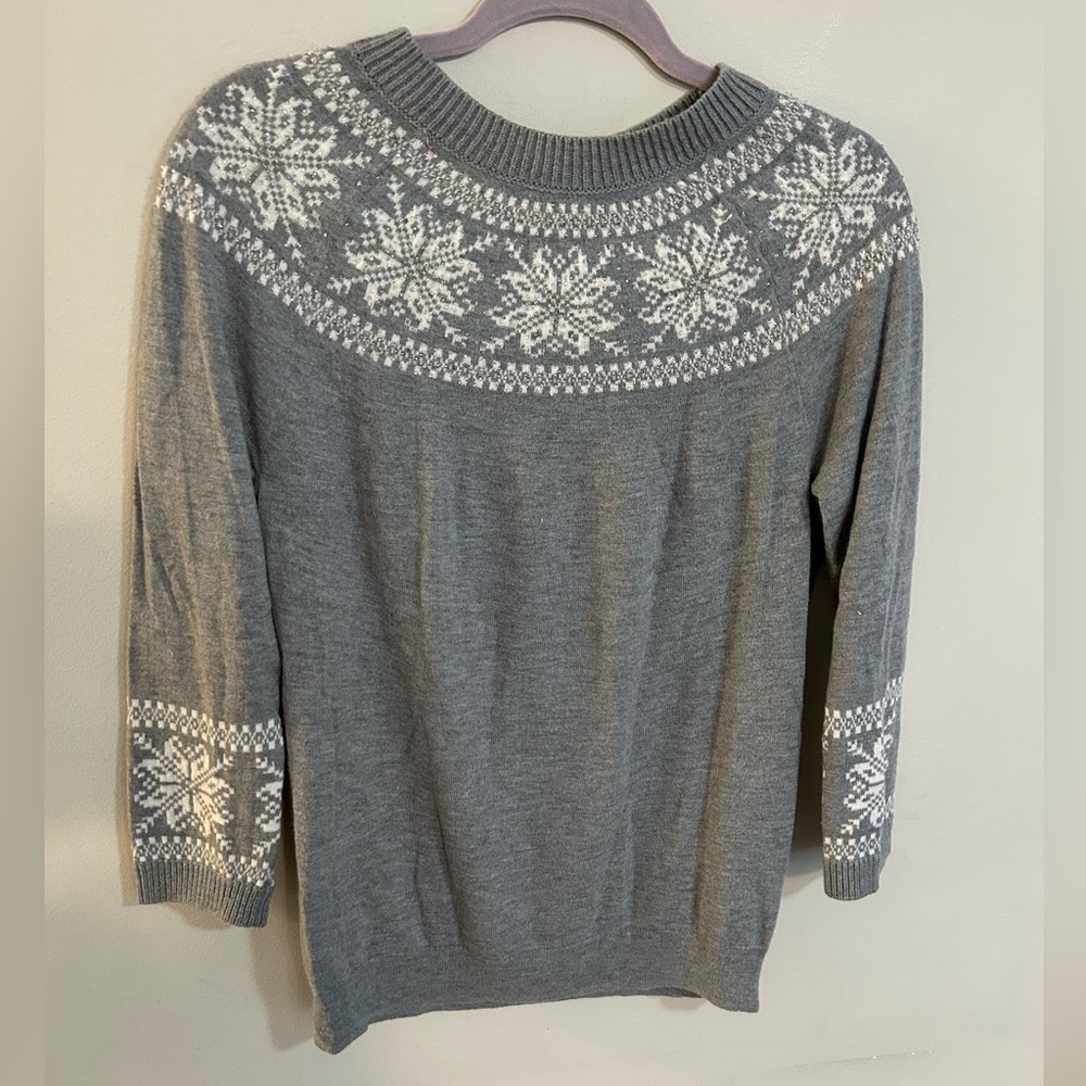 Talbots Med. Snowflake Gray Winter Christmas Sweater Nylon Lambswool 3/4 Sleeve